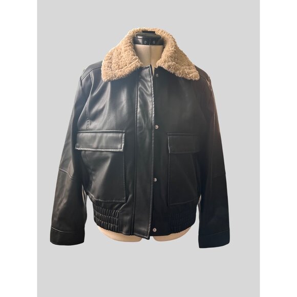 French Connection XL Faux Vegan Leather Bomber Jacket Shearling Collar Black - Picture 8 of 10